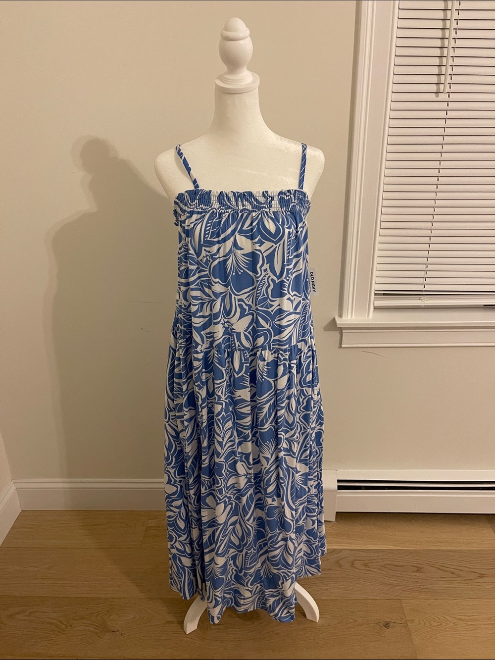 Old Navy Blue and White Floral Tiered Spaghetti-Strap Maxi Dress